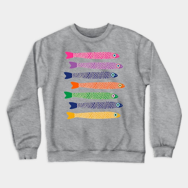 ANCHOVIES Bright Graphic Fun Groovy Fish in Rainbow Colors on Cream - Horizontal Layout - UnBlink Studio by Jackie Tahara Crewneck Sweatshirt by UnBlink Studio by Jackie Tahara